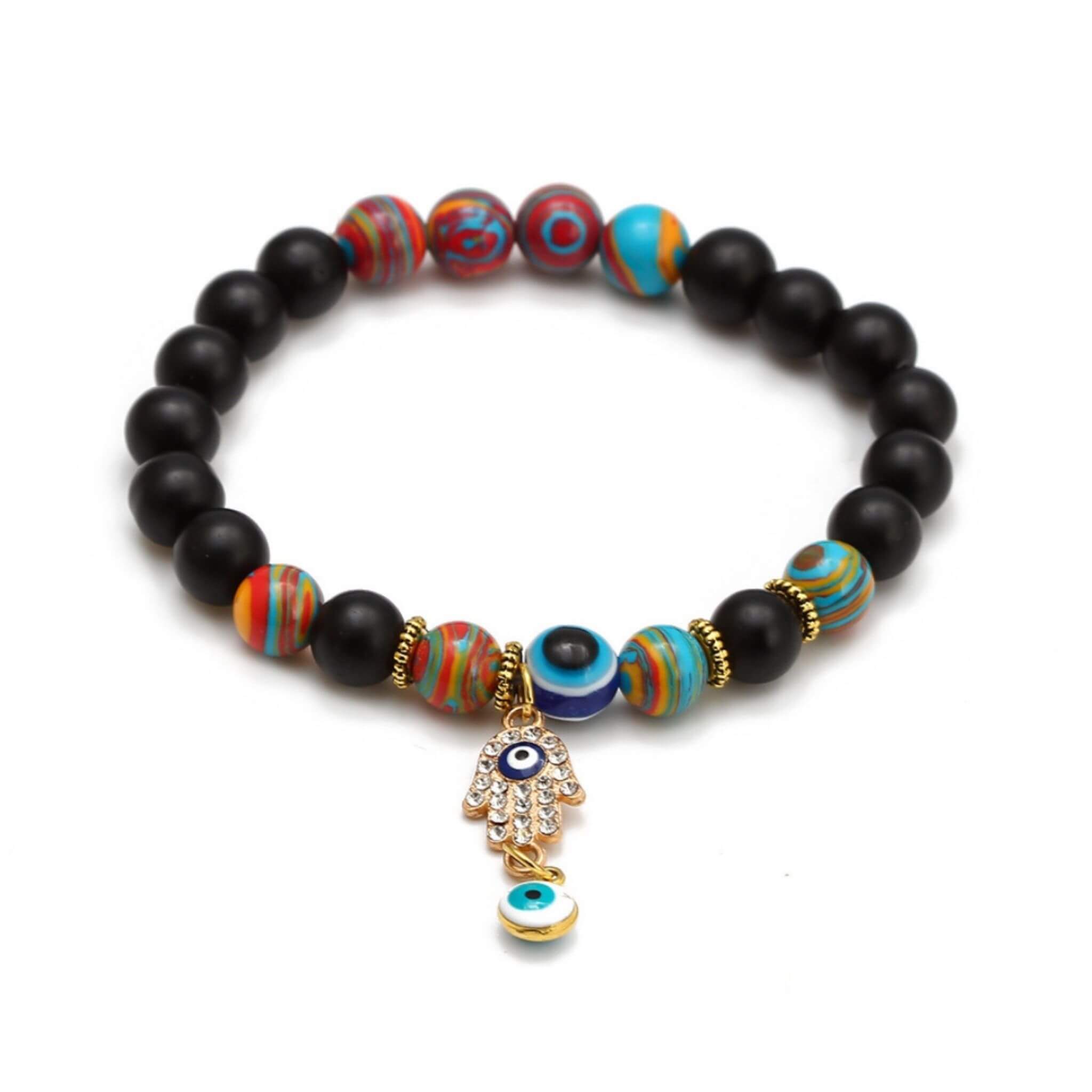 Black Stone and Rainbow Bead Protection Bracelet with Evil Eye and Rhinestone Hamsa Charm