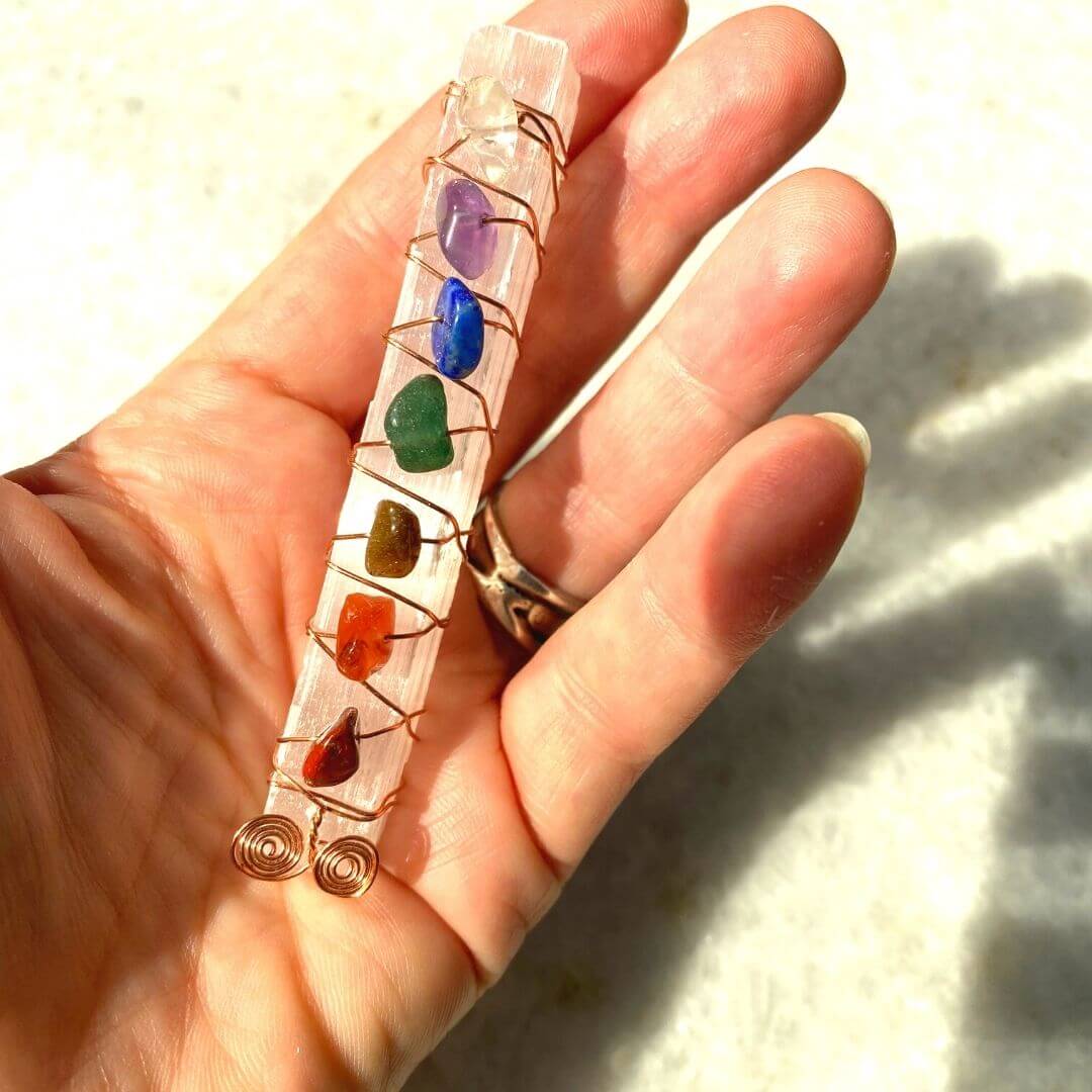 Selenite Wand with Chakra Gemstones and Copper Wire